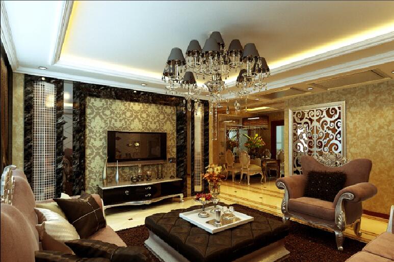 抚顺枫丹雅墅欧式60平米客厅雕花镜面屏风软包黑色茶几黑色吊灯效果图